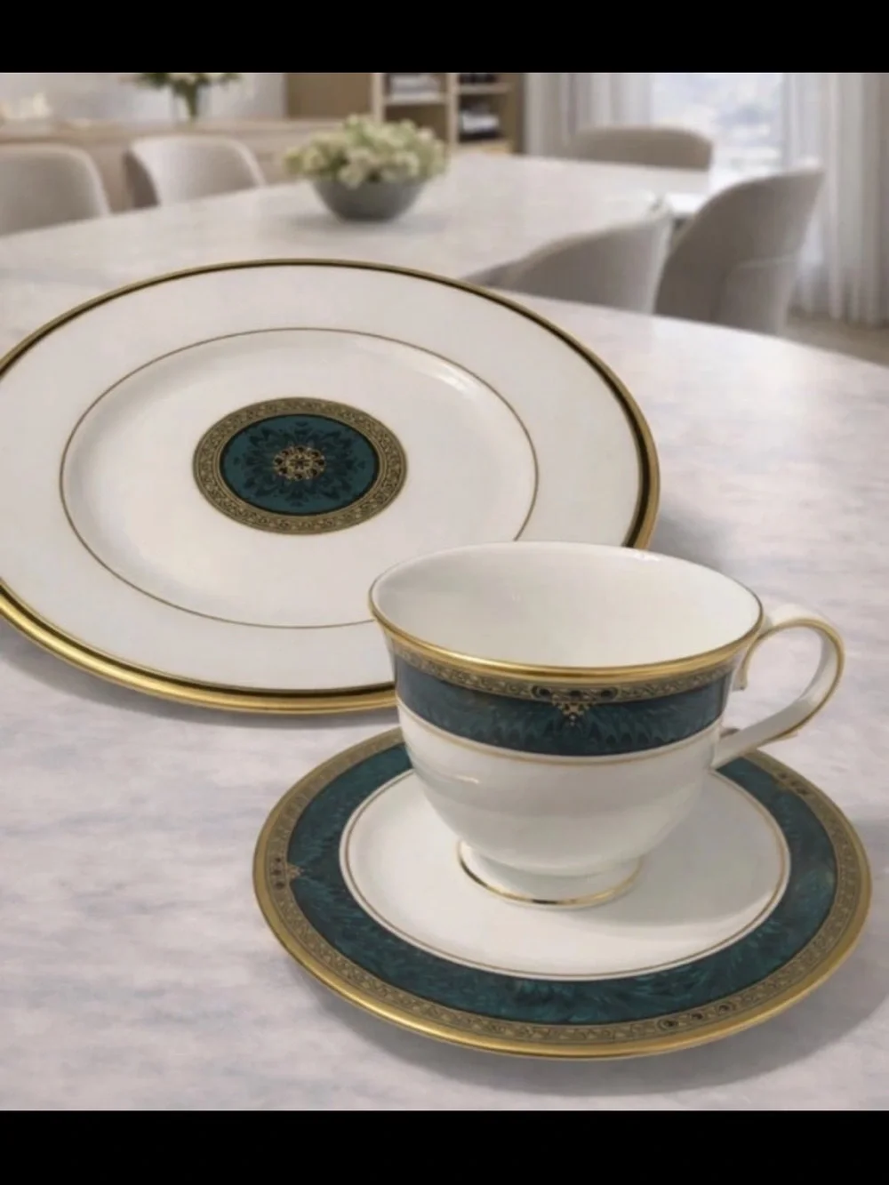 Lenox Classic White and Teal Porcelain Tea Cup & Saucer Set with Gold Trim